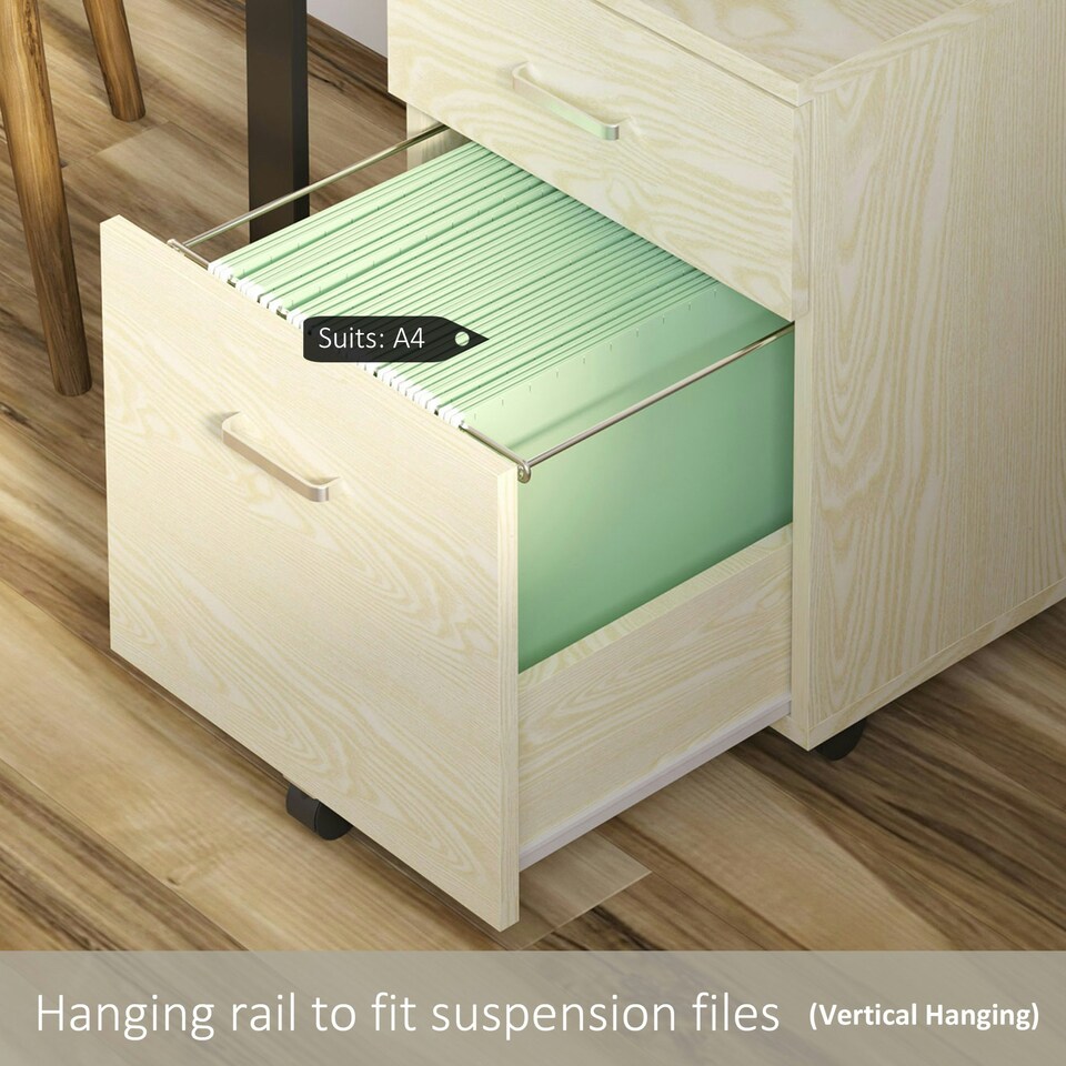 image 1 of Vinsetto 2-Drawer Locking Office Filing Cabinet 5 Wheels Rolling Storage Oak