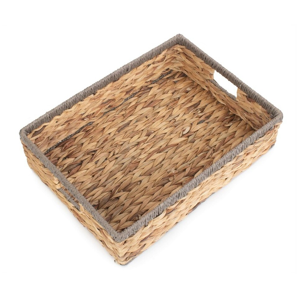 image 1 of Small Shallow Rectangular Water Hyacinth With Grey Rope Border Storage Basket | Brown | Brown