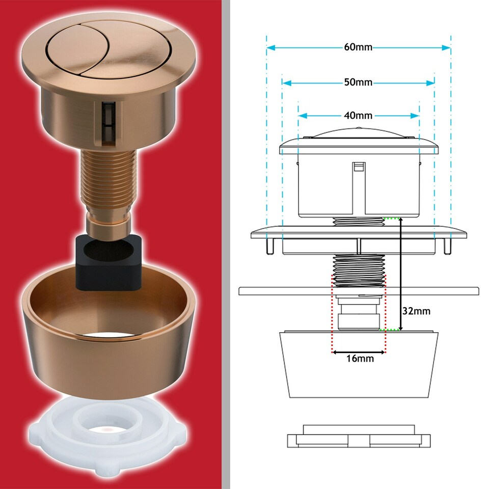 image 1 of SPARES2GO Universal Toilet Cistern Dual Flush Push Button Kit for 20mm 40mm 50mm 60mm Lid Hole (Brushed Copper)