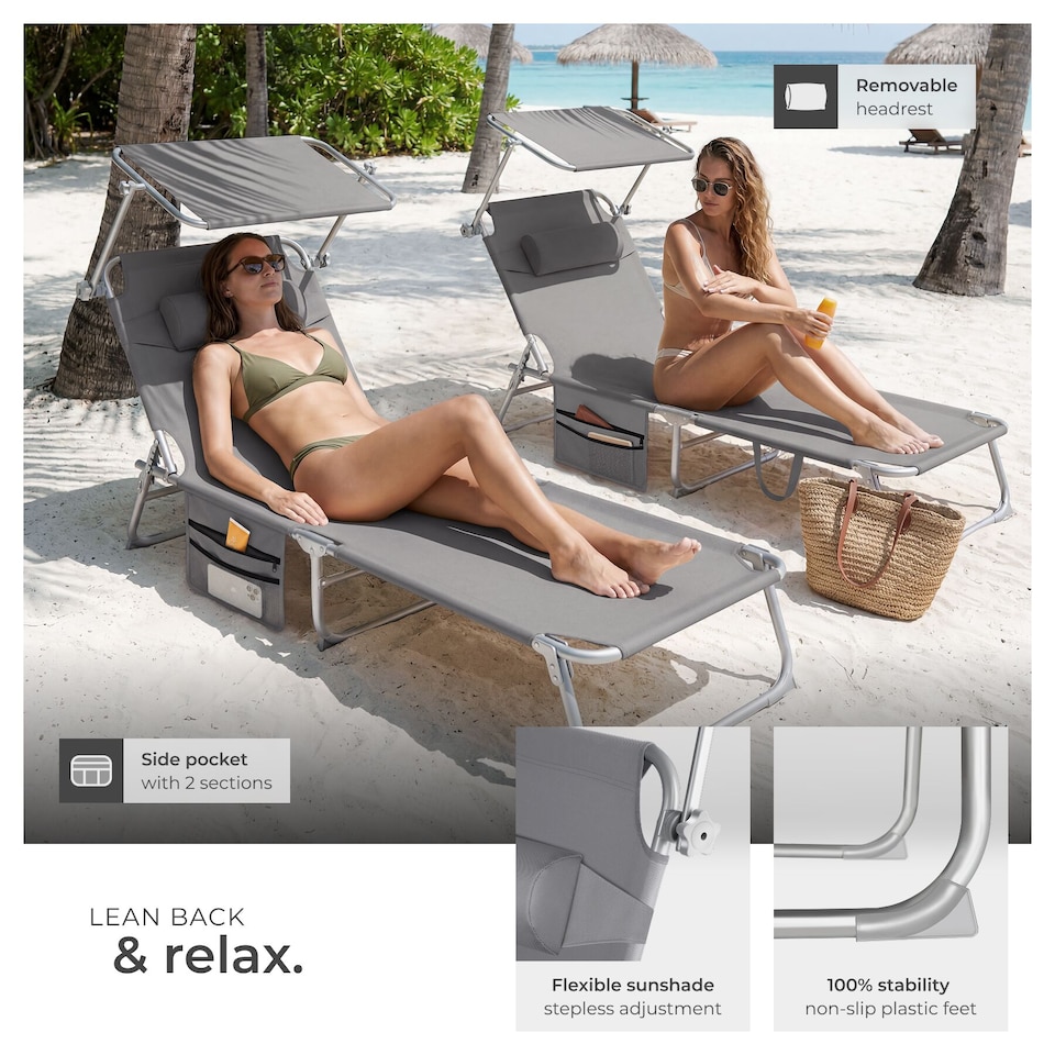 image 1 of Set of 2 Sun Loungers - foldable, adjustable sun canopy | Grey | grey | 1