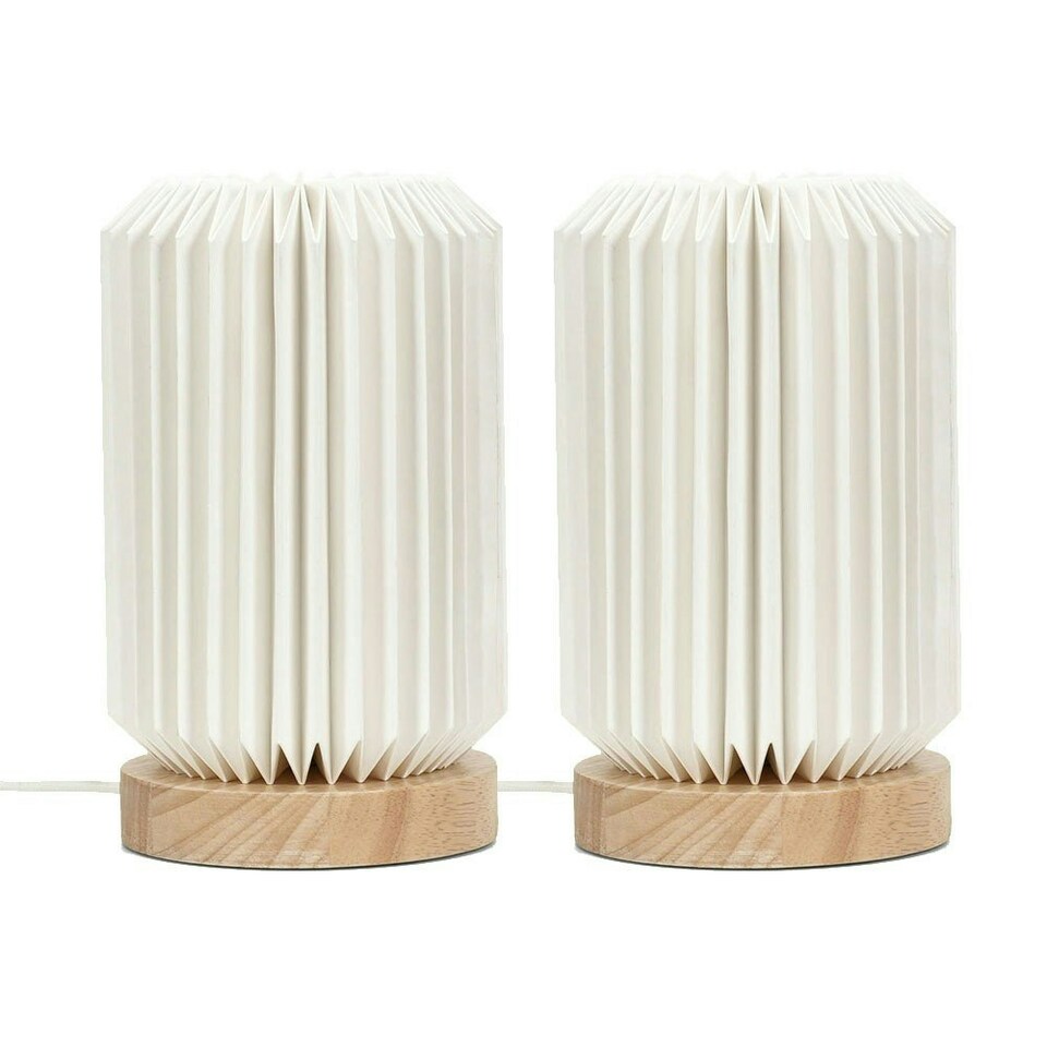 image 1 of ValueLights Maja Pair of Wooden Base Bedside Table Lamps with White Paper Fold Lampshade - Bulbs Included