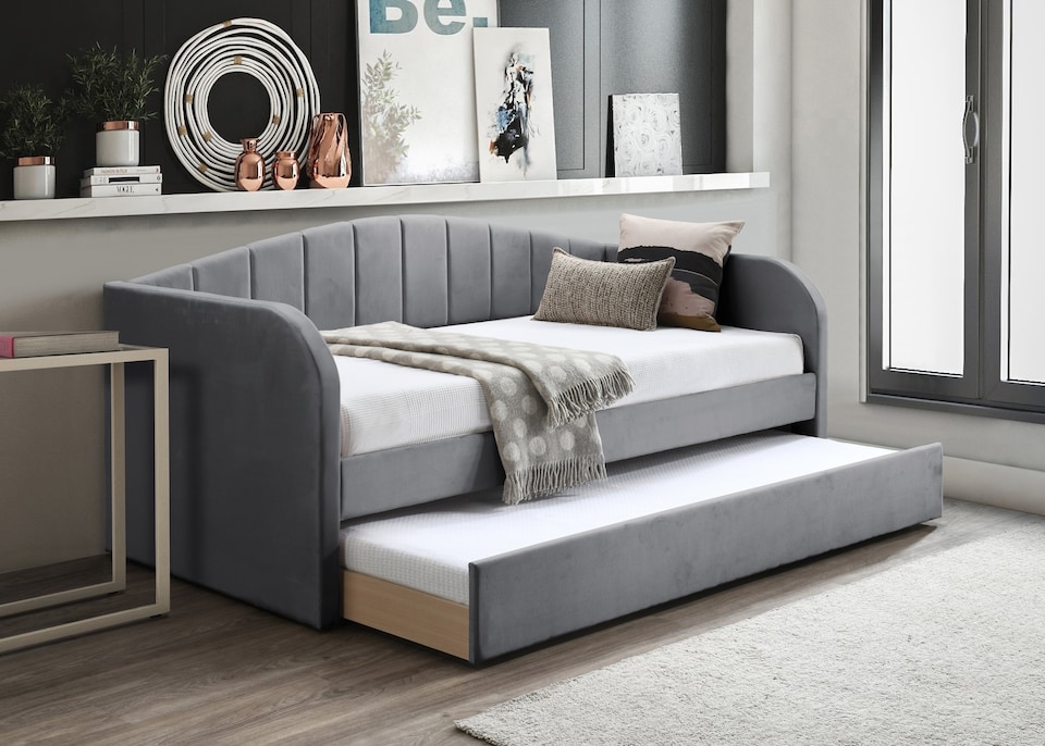 image 1 of Grey Day Bed,Sofabed,Guest Trundle Fabric Upholstered Velour, Bed Frame | Grey | Single