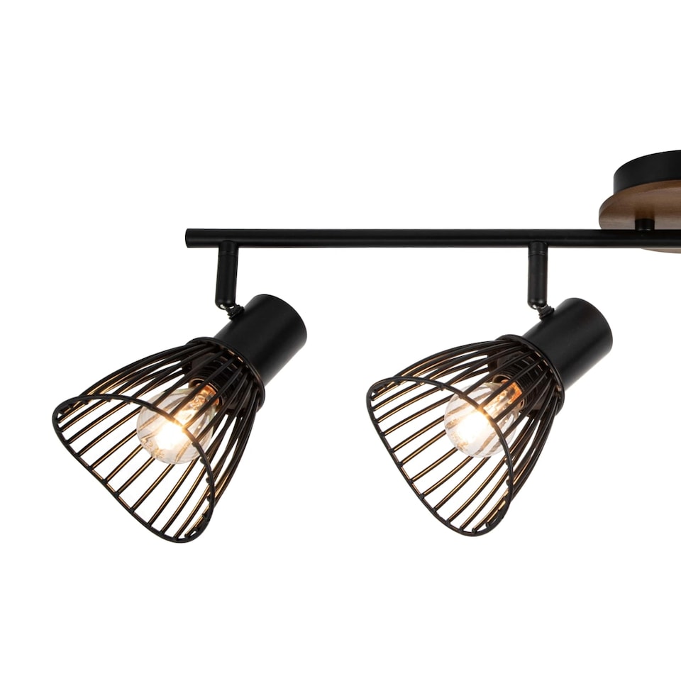 image 1 of COSYLYTE Hadley 4 Light Matt Black Wire Shade Spotlight with Wooden Backplate | Black | Walnut wood | 1