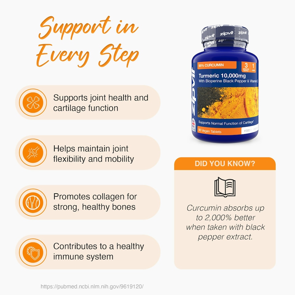 image 1 of Zipvit Turmeric 10,000mg – High Strength with Vitamin C & BioPerine®, 90 Vegan Tablets, 3-Month Supply