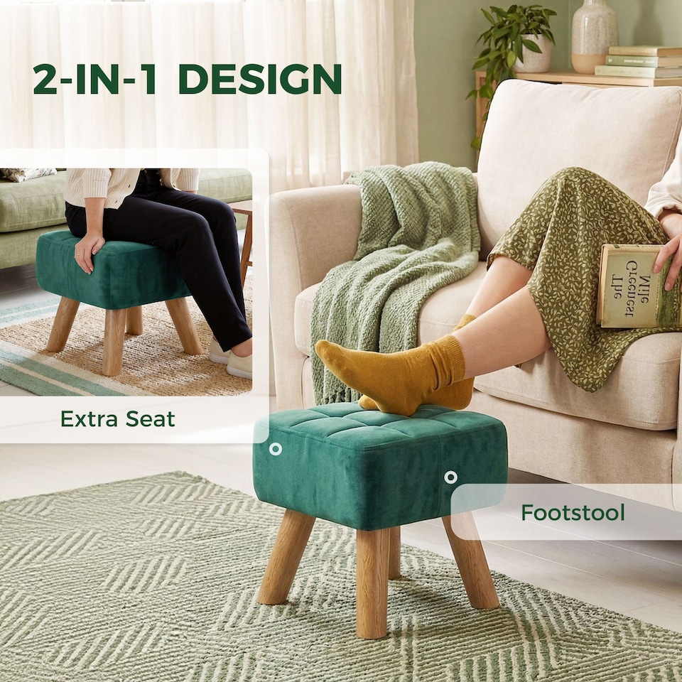 image 1 of HOMCOM Modern Footstool, Fabric Foot Rest with Rubber Wood Legs, Dark Green