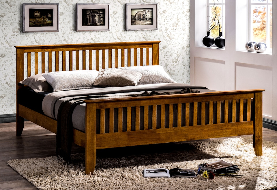 image 1 of 3ft Single Oak Colour Finish Shaker Wood Wooden Bed Frame Bedstead High Foot End