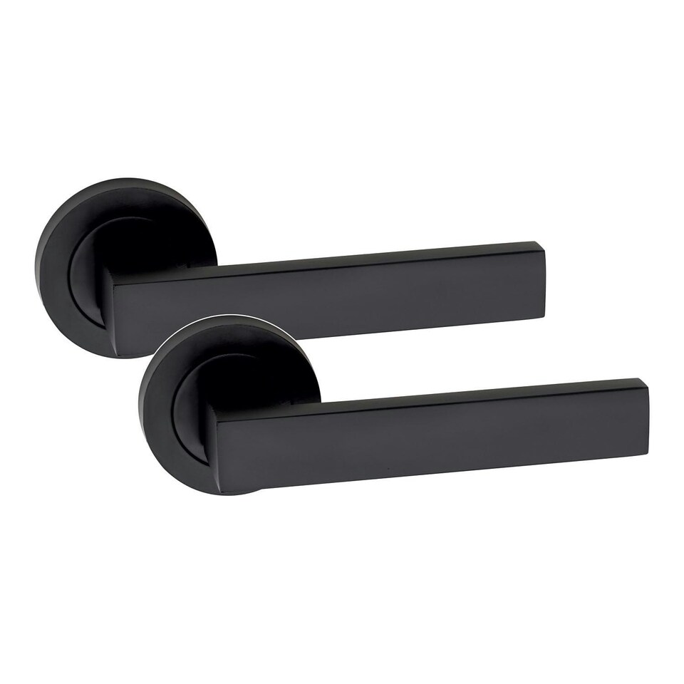 image 1 of Golden Grace Delta Handles Set on Round Rose in Matt Black Finish with 64mm 3 Lever Mortise Lock and Key Hole Black