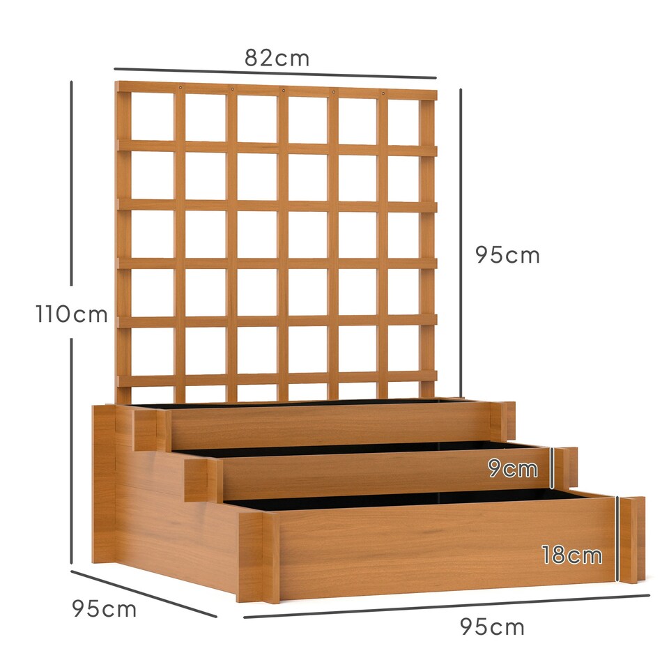 image 1 of Outsunny 3 Tier Wooden Garden Planters with Trellis for Vine Climbing Plants Brown