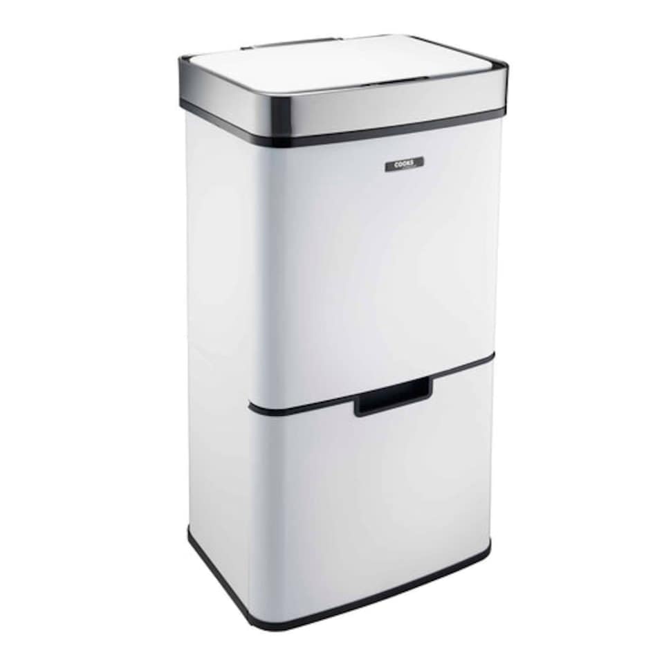 image 1 of Cooks Professional Recycling Sensor Bin 75L with Dual Compartments & Food Caddy | White | White & Silver