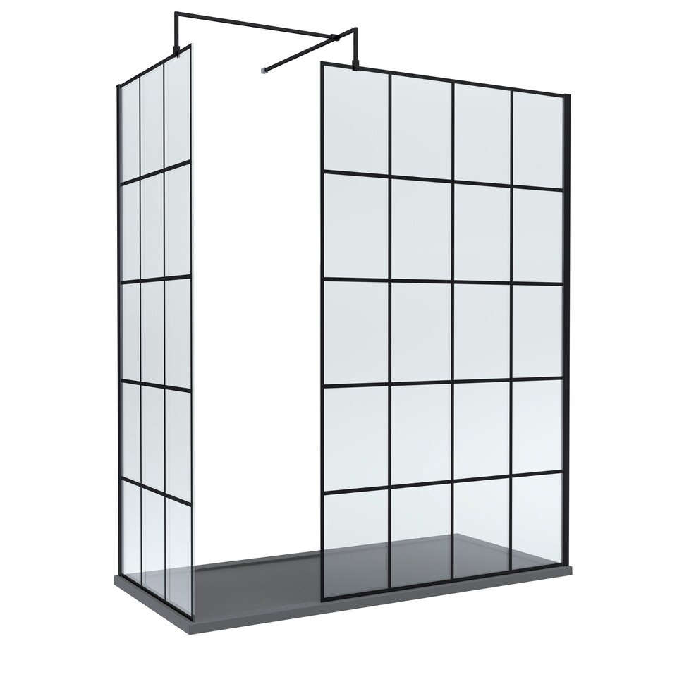 image 1 of Balterley Glass Walk In Wetroom Screens with Framed Design and Shower Tray | Black | Matt Black