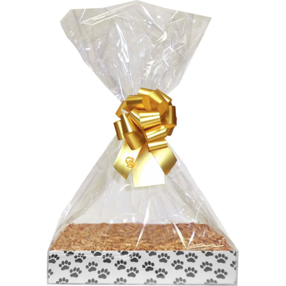 image 1 of Pet Gift Basket Kit - Paw Prints Hamper Tray with Gold Gift Wrap Accessories (30x20x6cm high)