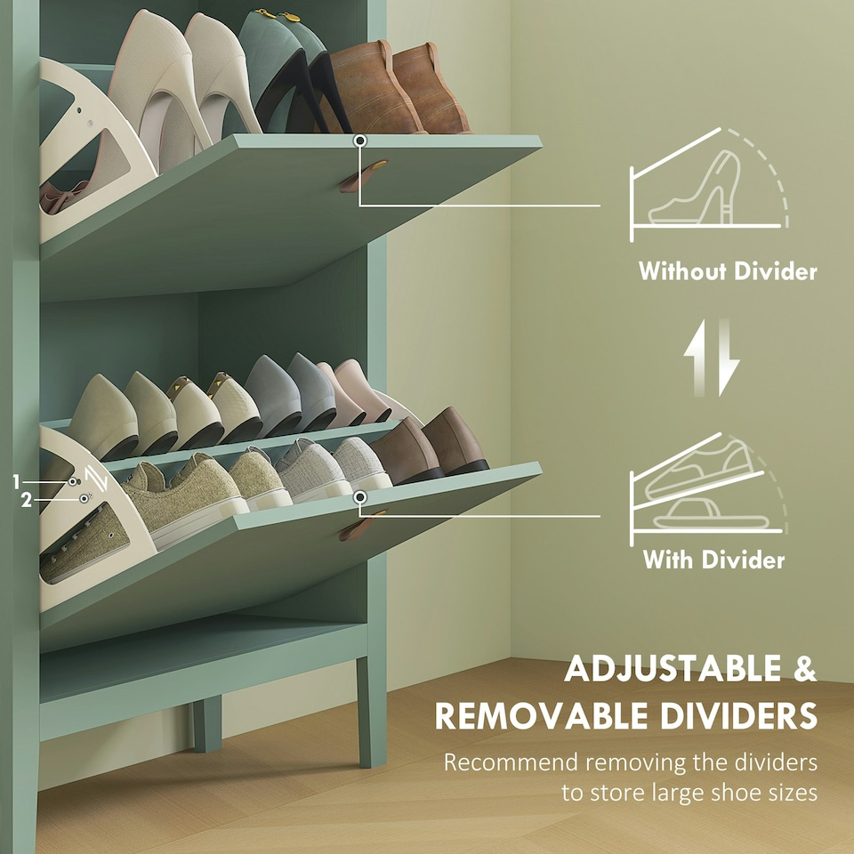 image 1 of HOMCOM 2 Drawer Shoe Cabinet with Flip Doors for Hallway, Entryway Green | 80W x 24D x 95.5H cm