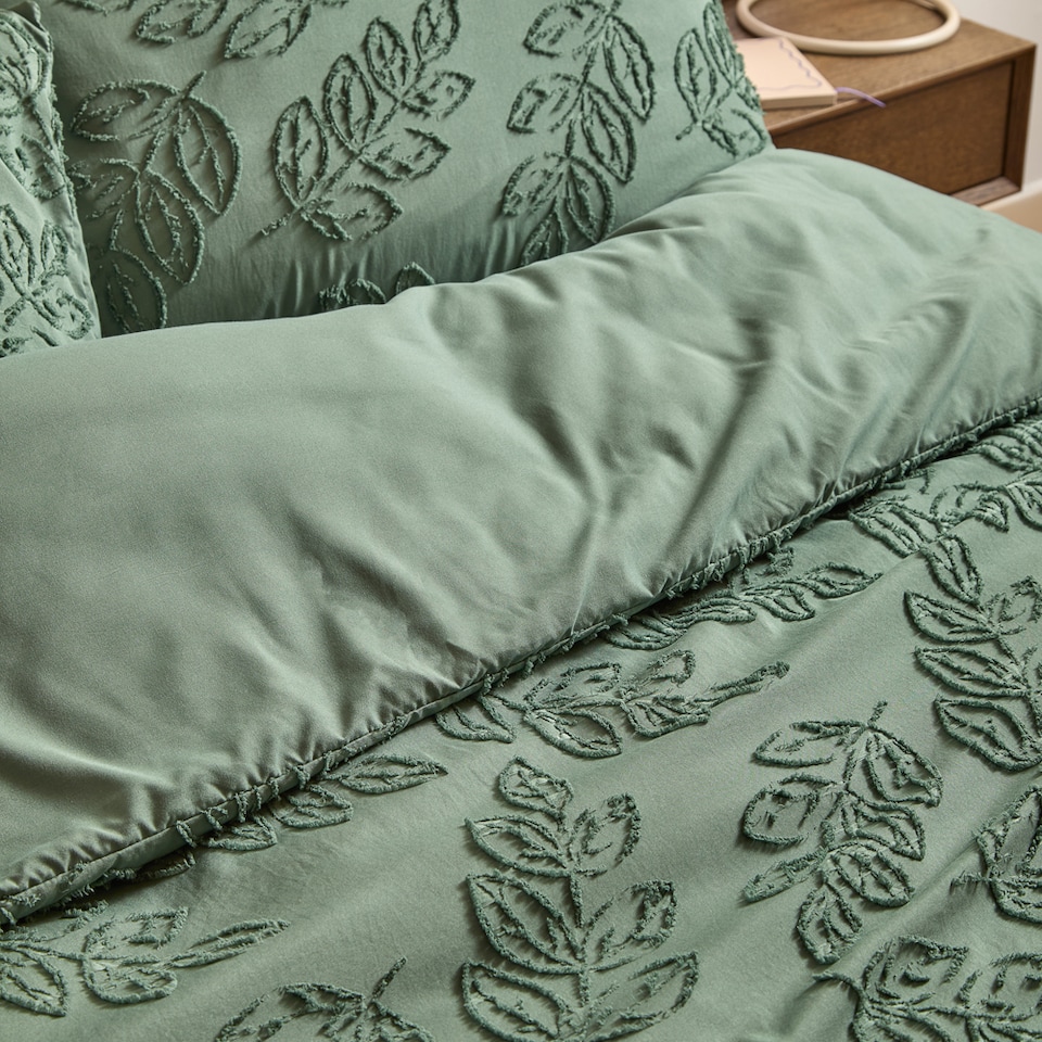 image 1 of Duvet Day Seville Leaf Tufted Soft Touch Duvet Cover Set | Green | Green | Super King | 1