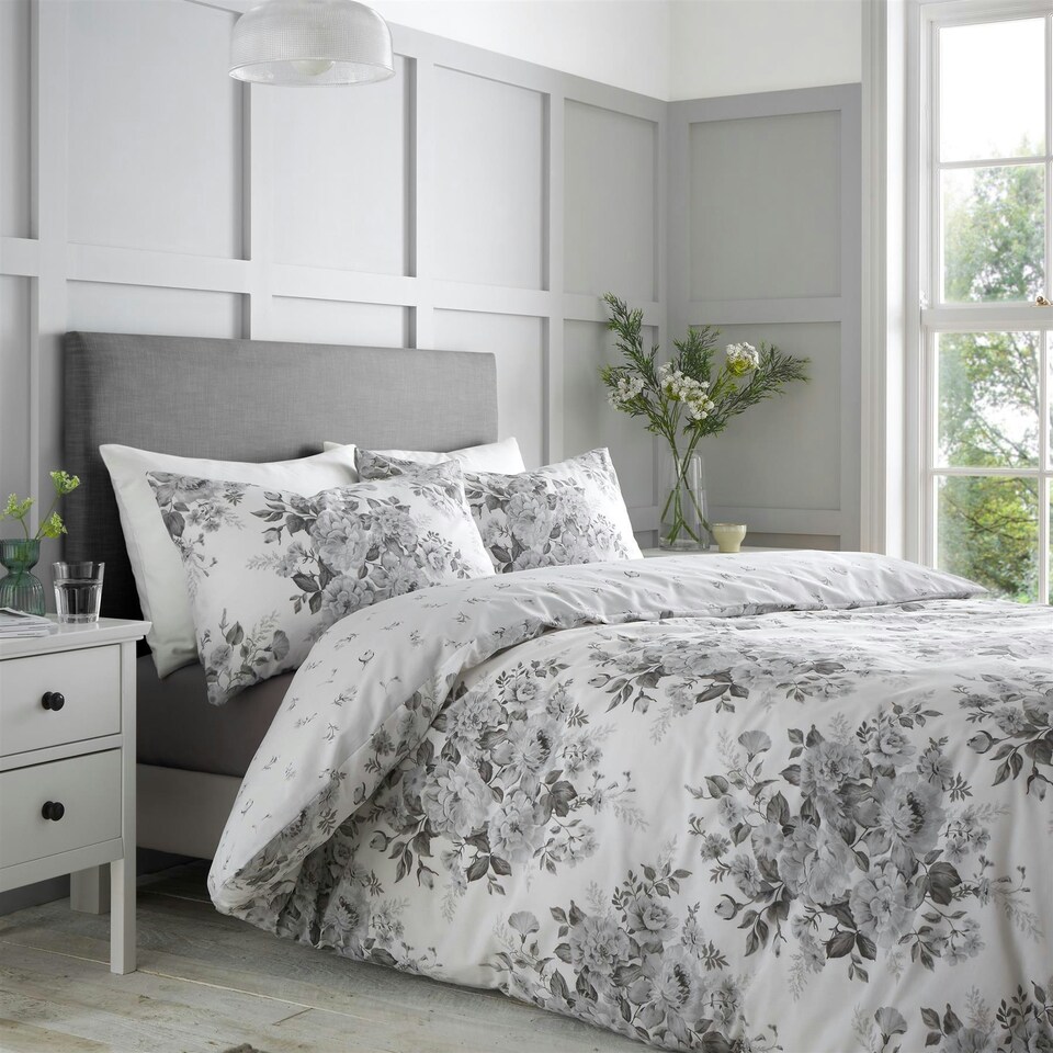 image 1 of Catherine Lansfield Elinda Floral Grey Duvet Cover Set Grey | Single
