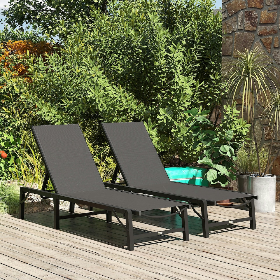 image 1 of Outsunny Folding Sun Lounger Set of 2, 5-Position Reclining Sun Bed Black | Black