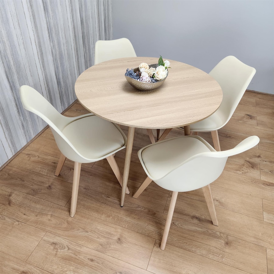 image 1 of Dining Table and 4 Chairs Round Wood Effect 4 Cream faux Leather Plastic Chairs Dining Set | Cream | One Size | 5