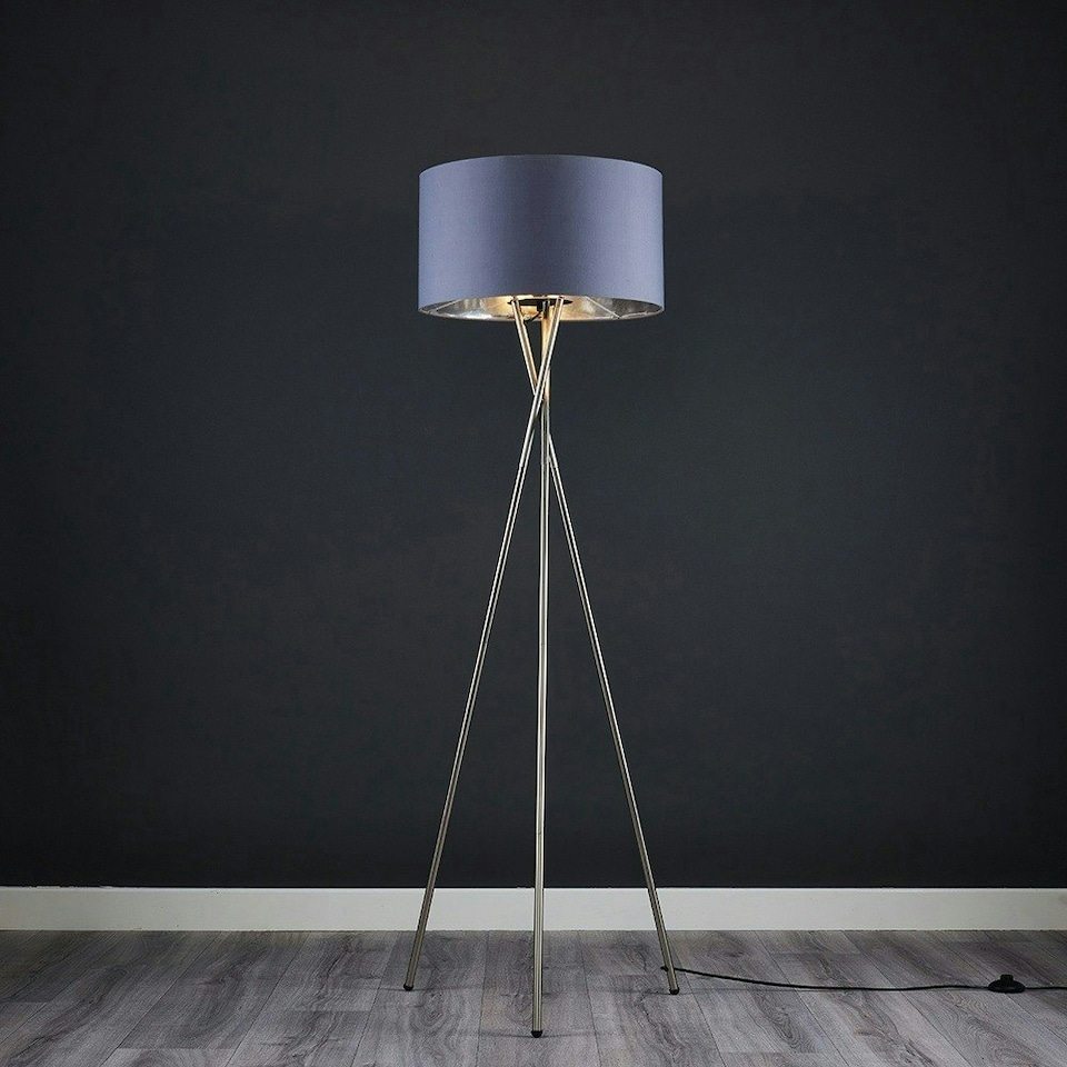 image 1 of ValueLights Camden Brushed Chrome Tripod Floor Lamp Grey & Silver Shade & Bulb Silver