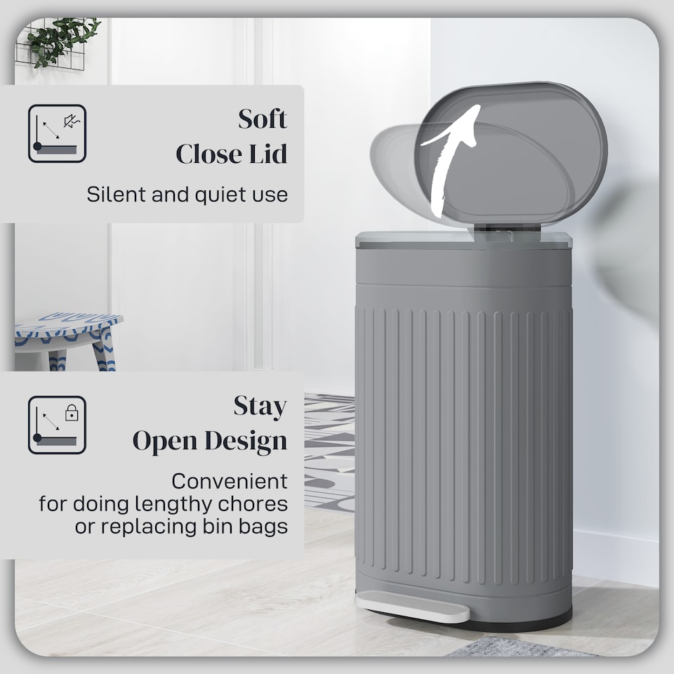 image 1 of HOMCOM 30 Litre Pedal Bin, Fingerprint Proof Kitchen Bin with Soft-close Lid, Metal Rubbish Bin with Foot Pedal and Removable Inner Bucket, Grey | Grey | 1