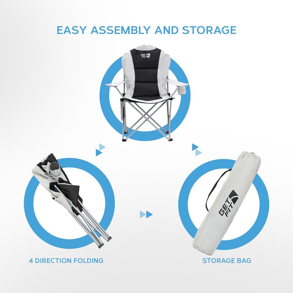 image 1 of Get Fit Premium Folding Camping Chair - Thick Padded With Magazine Pocket, Cup Holder & Carry Bag - Lightweight 3Kg - Capacity 130Kg - Single | Grey | 1