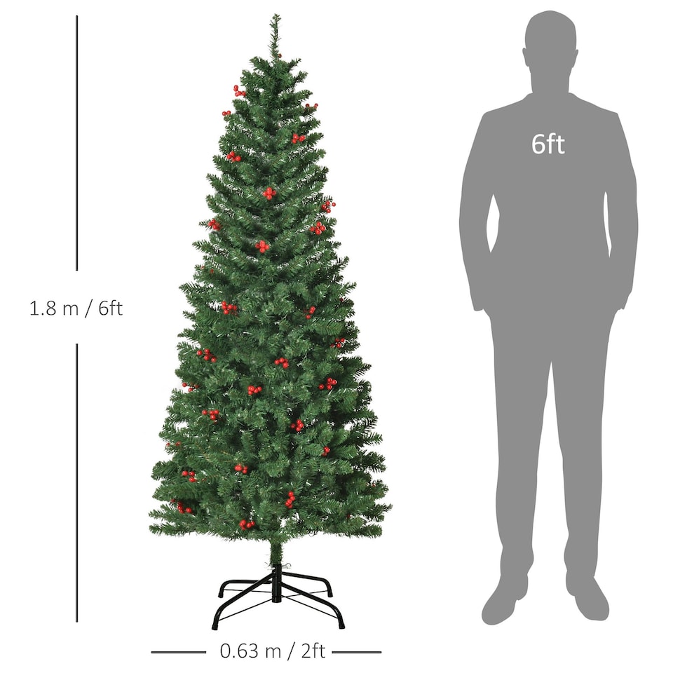 image 1 of HOMCOM 6FT Prelit Pencil Christmas Tree w/ LED Light, Berry, Xmas Decoration