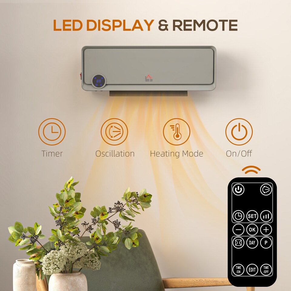 image 1 of HOMCOM Wall Downflow Heater 2 Heat and Fan 1000W2000W, Electric Space Heater with Timer Remote Oscillating, for Bedroom Home Office, Grey