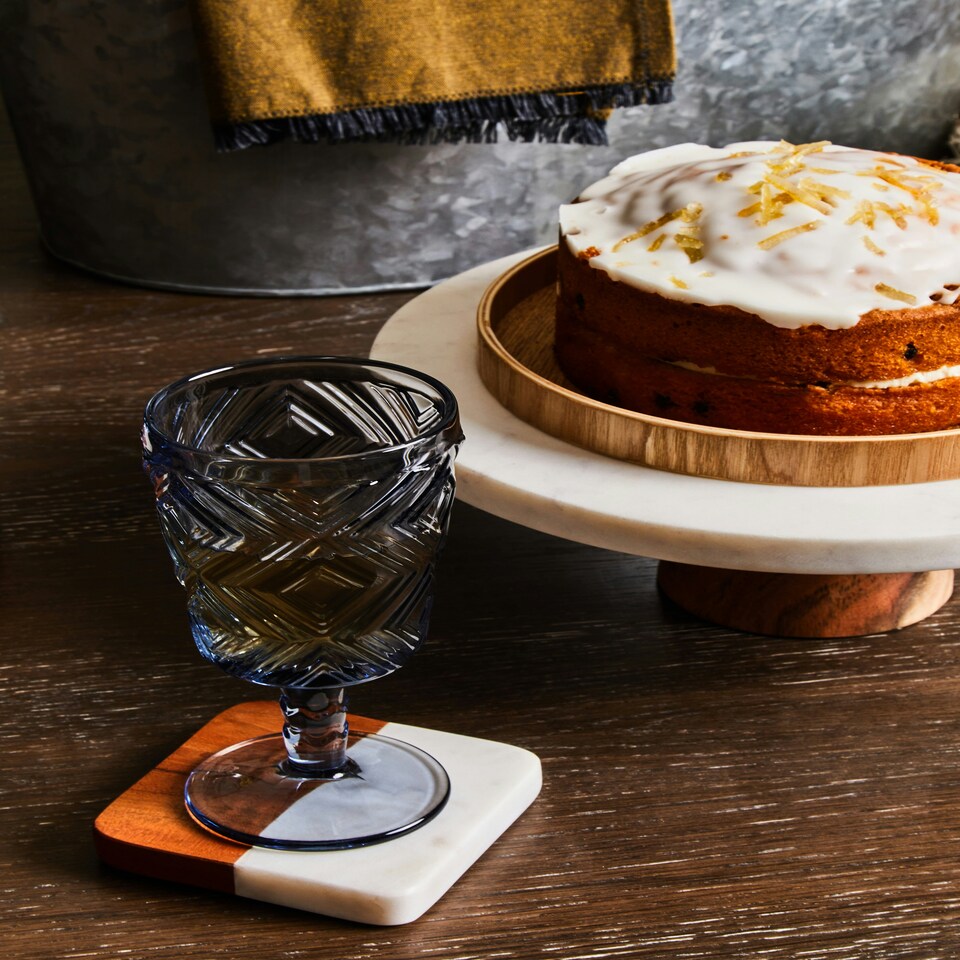 image 1 of Monzaro Round White Marble And Acacia Wood Cake Stand White