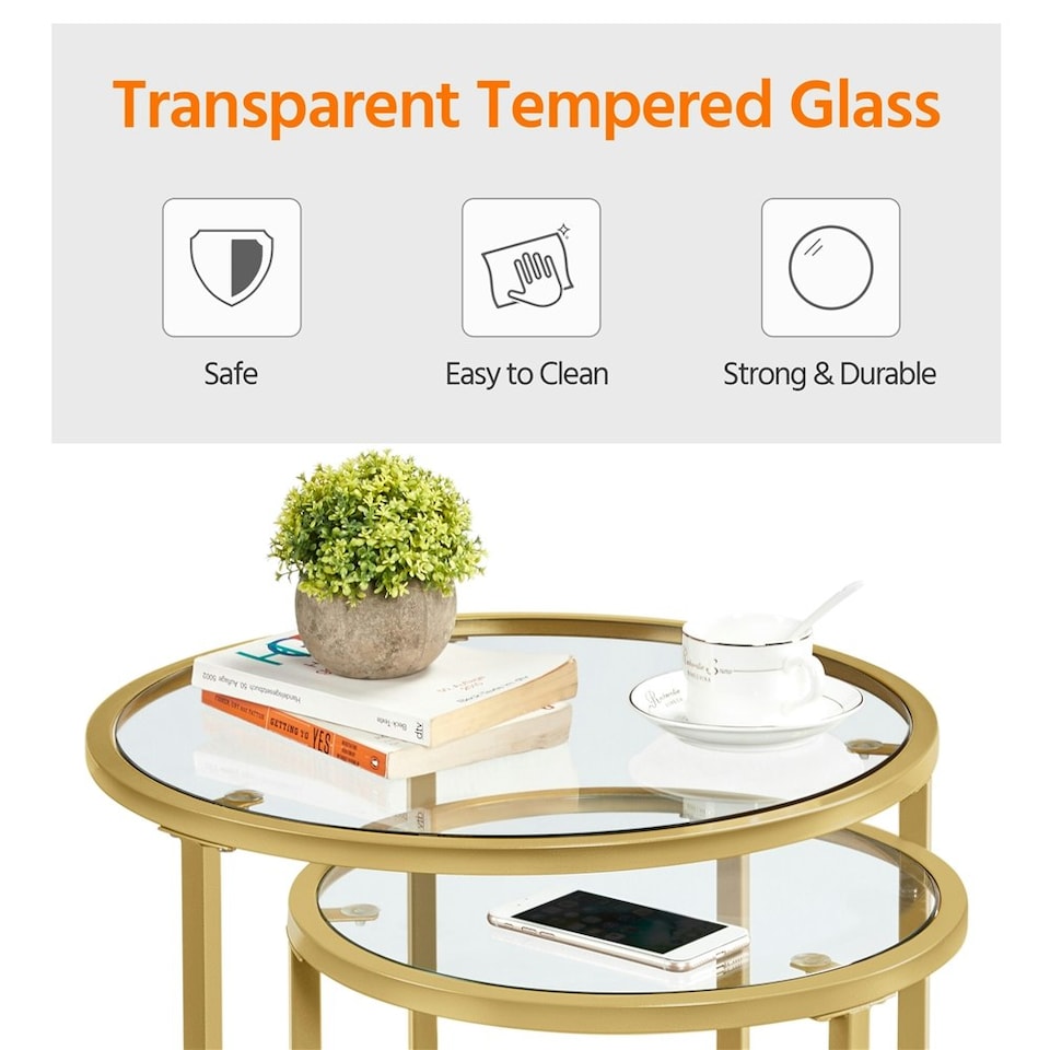 image 1 of Yaheetech Set of 2 Nesting Side Tables with Round Tempered Glass Top