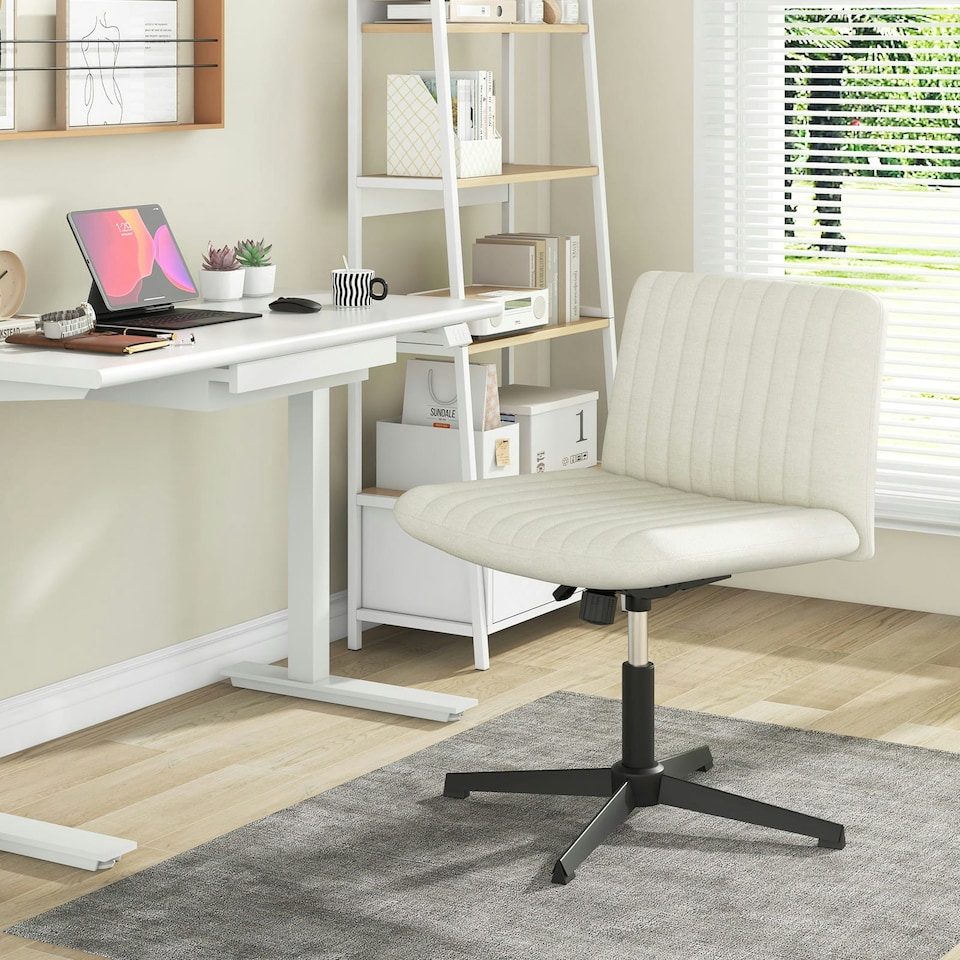 image 1 of COSTWAY Criss Cross Legged Chair Home Office Chair Beige White