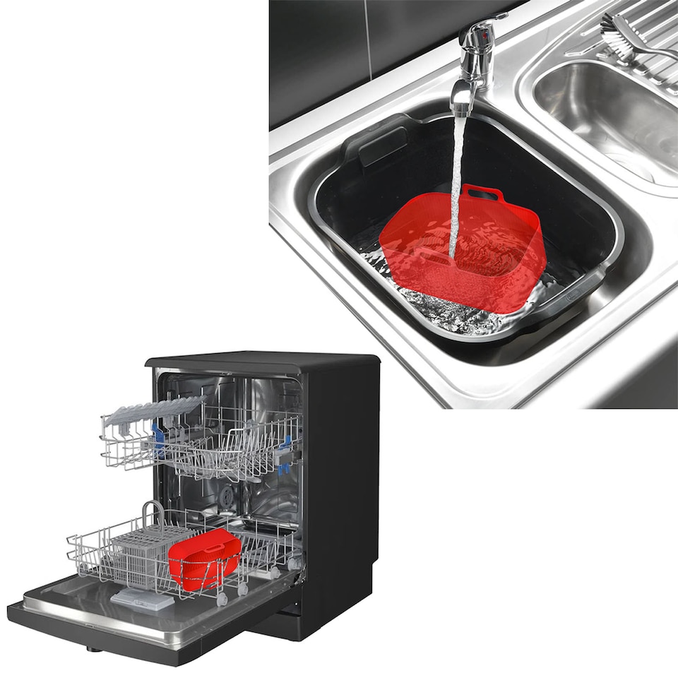 image 1 of SPARES2GO Silicone Basket Drawer Liners for Ambiano Dual Air Fryer (Pack of 2, Red)