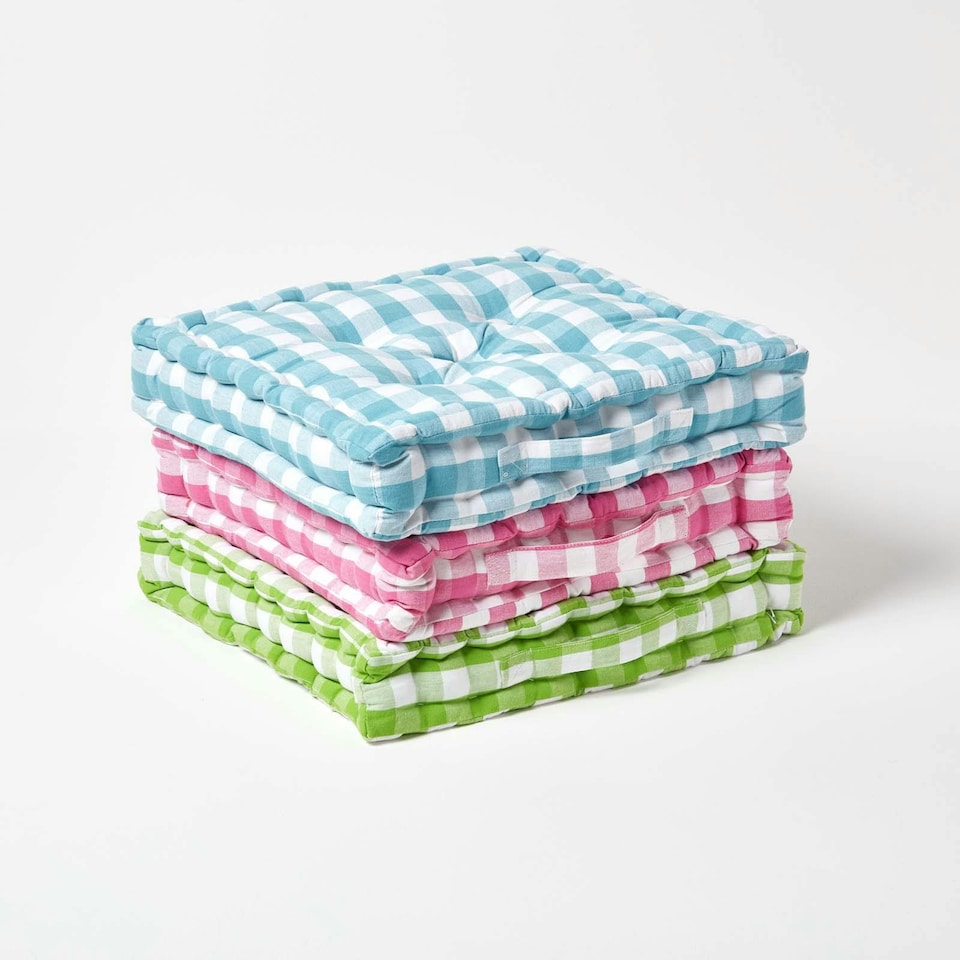 image 1 of Homescapes Pink Block Check Cotton Gingham Floor Cushion - 40 x 40 cm | Pink | 40 x 40 cm