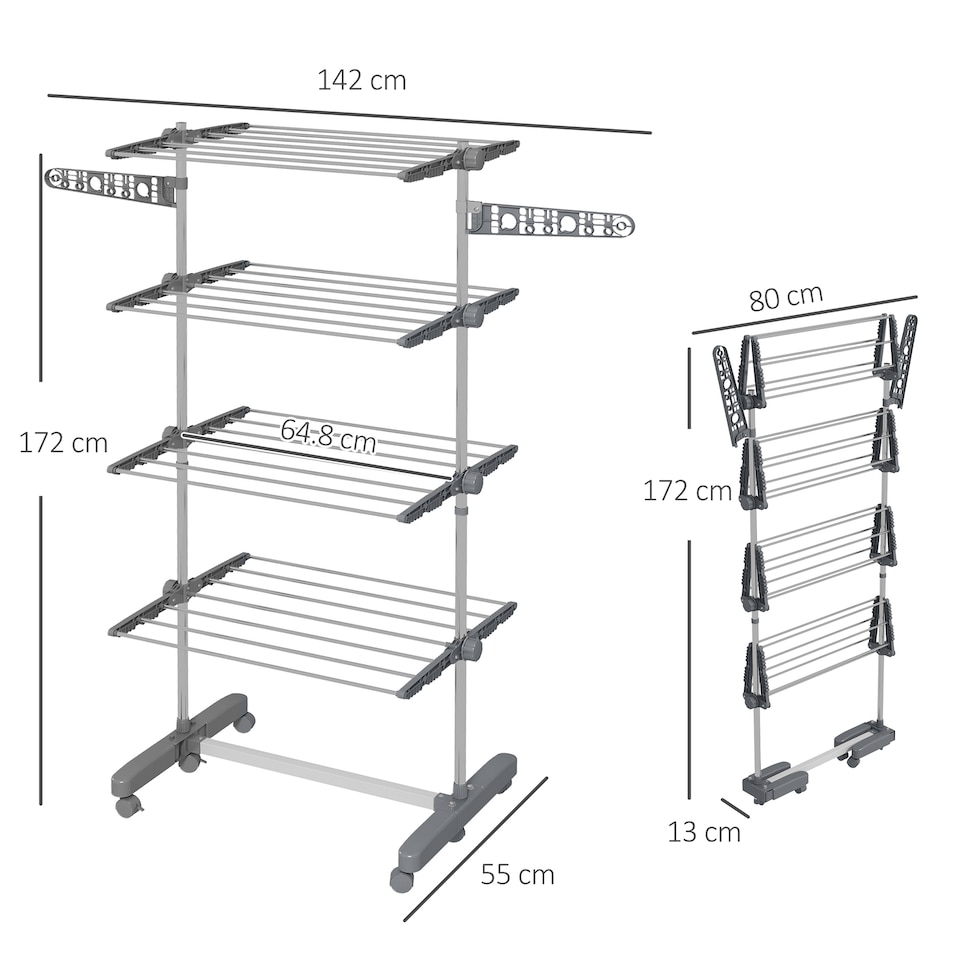 image 1 of HOMCOM 4-Tier Clothes Airer, Stainless Steel Foldable Clothes Drying Rack with Wheels and Wings, Indoor and Outdoor, Easy Assembly, 142 x 55 x 172cm, Grey