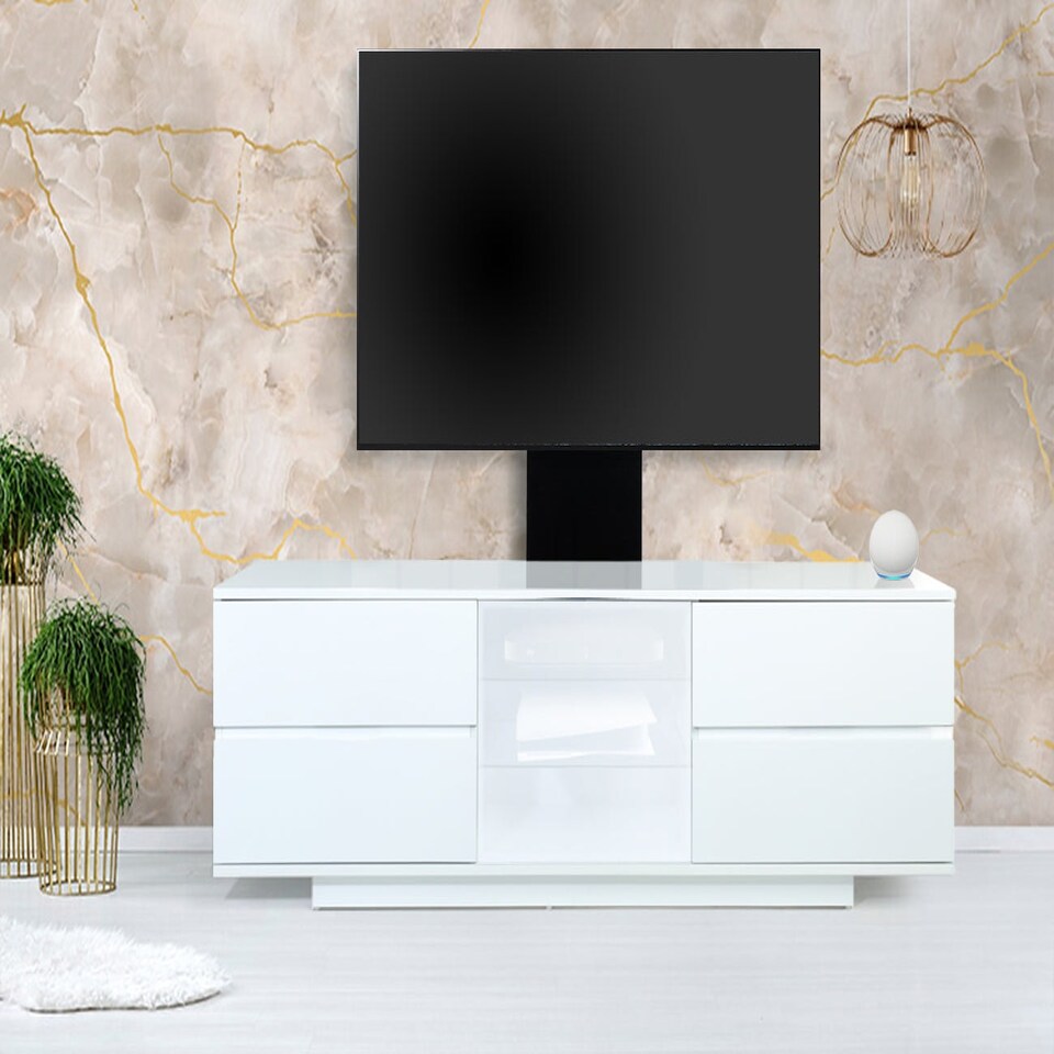 image 1 of Centurion Supports AVITUS ULTRA Gloss White Remote Friendly White Door with 4-White Drawers up to 65" Flat Screen TV Cabinet with Mounting Arm White