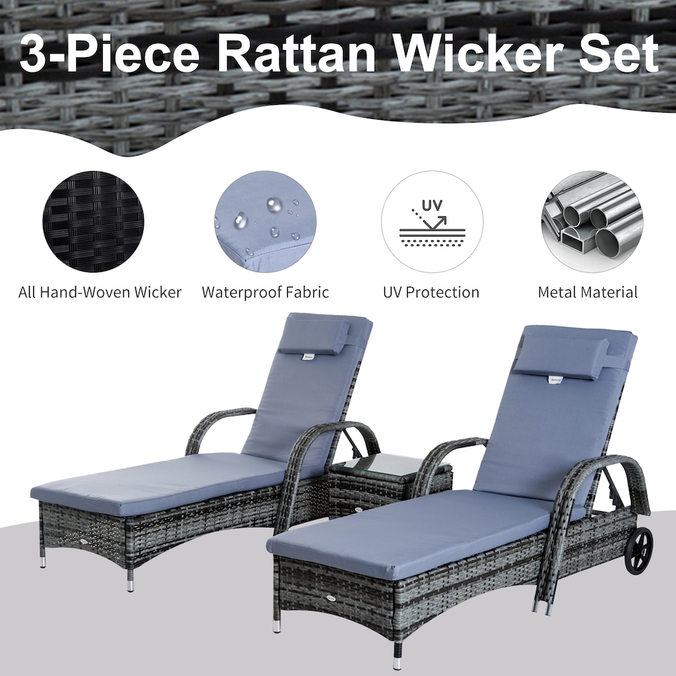 image 1 of Outsunny Rattan Sun Loungers for Garden Set of 2 with Side Table, Garden Recliner Sunbeds with Adjustable Back, Wheels, Cushions and Headrest, 3 Pieces Garden Furniture Set for Outdoor, Patio, Grey