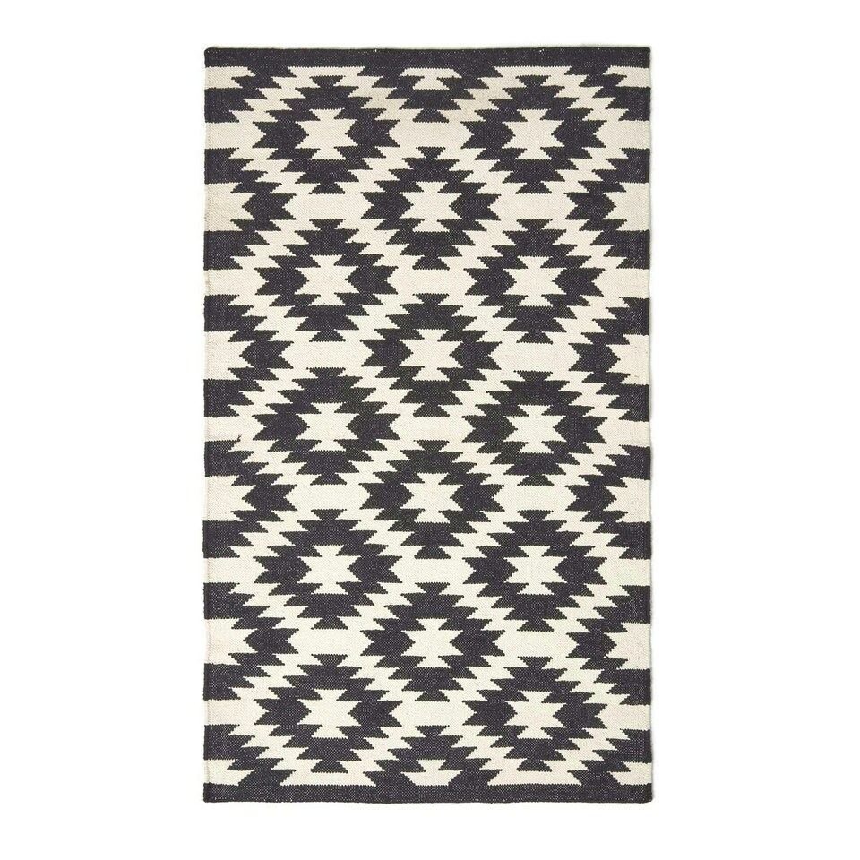 image 1 of Homescapes Zurich Handwoven Black and White Cotton Geometric Kilim Rug - 160 x 230 cm Black | 160 x 230 cm