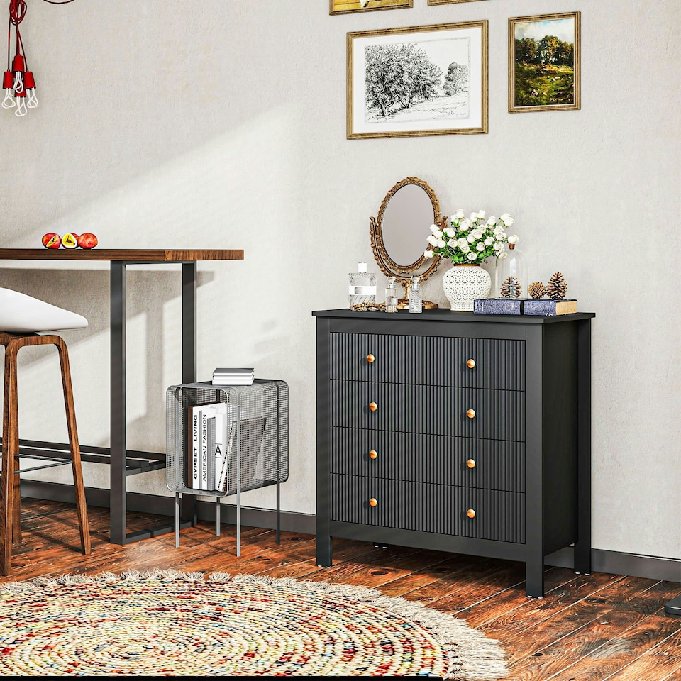 image 1 of HOMCOM Fluted Bedroom Chest of Drawers w/ 5 Drawers Gold Tone Handles Black