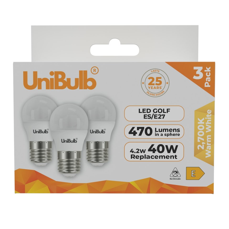 image 1 of UniBulb LED Golf Ball E27 470lm 4.2W 2700K (Warm White) Light Bulb - Pack of 3