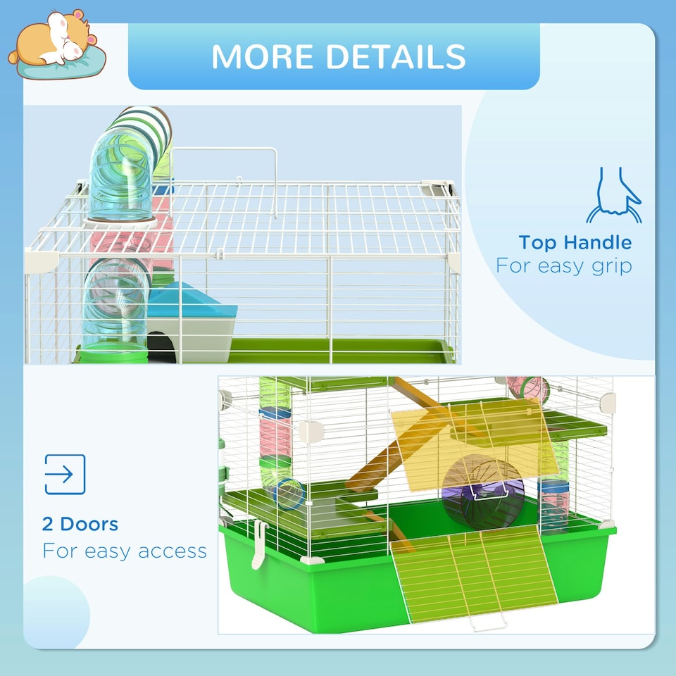 image 1 of PawHut Hamster Cage w/ Water Bottle, Exercise Wheel, Tubes, Ramps - Green