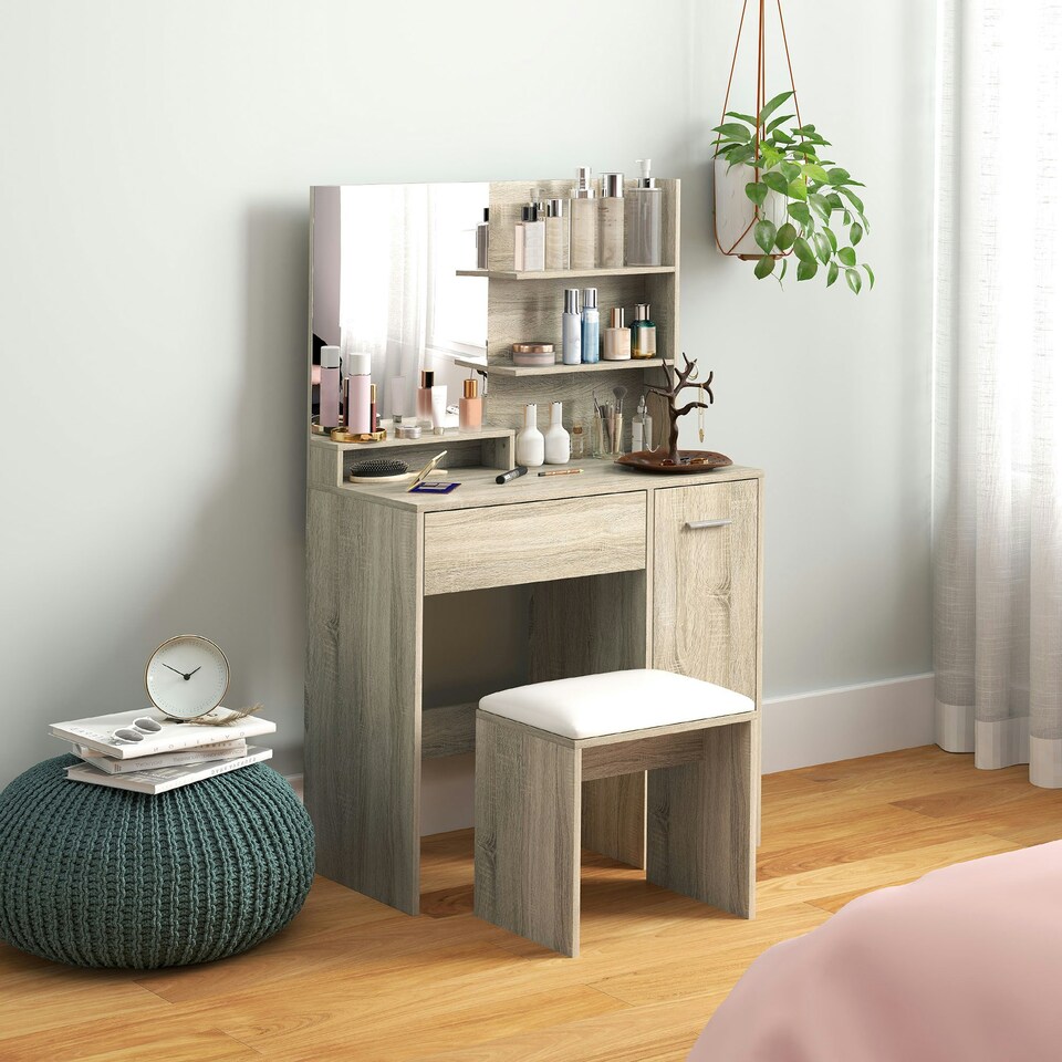 image 1 of HOMCOM Dressing Table with Mirror and Stool, Makeup Desk for Bedroom Brown | White
