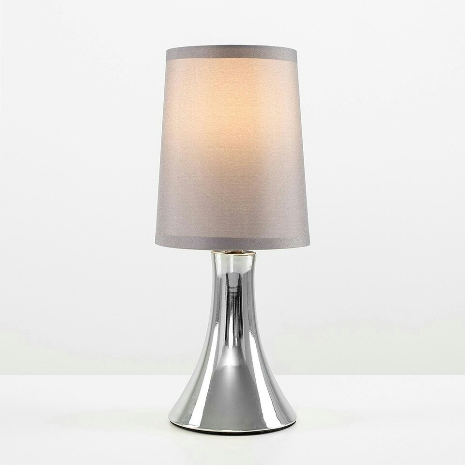 image 1 of ValueLights Pair of - Small Chrome Touch Table Lamps with Grey Fabric Shades With 5w LED Dimmable Candle Bulbs In Warm White Grey