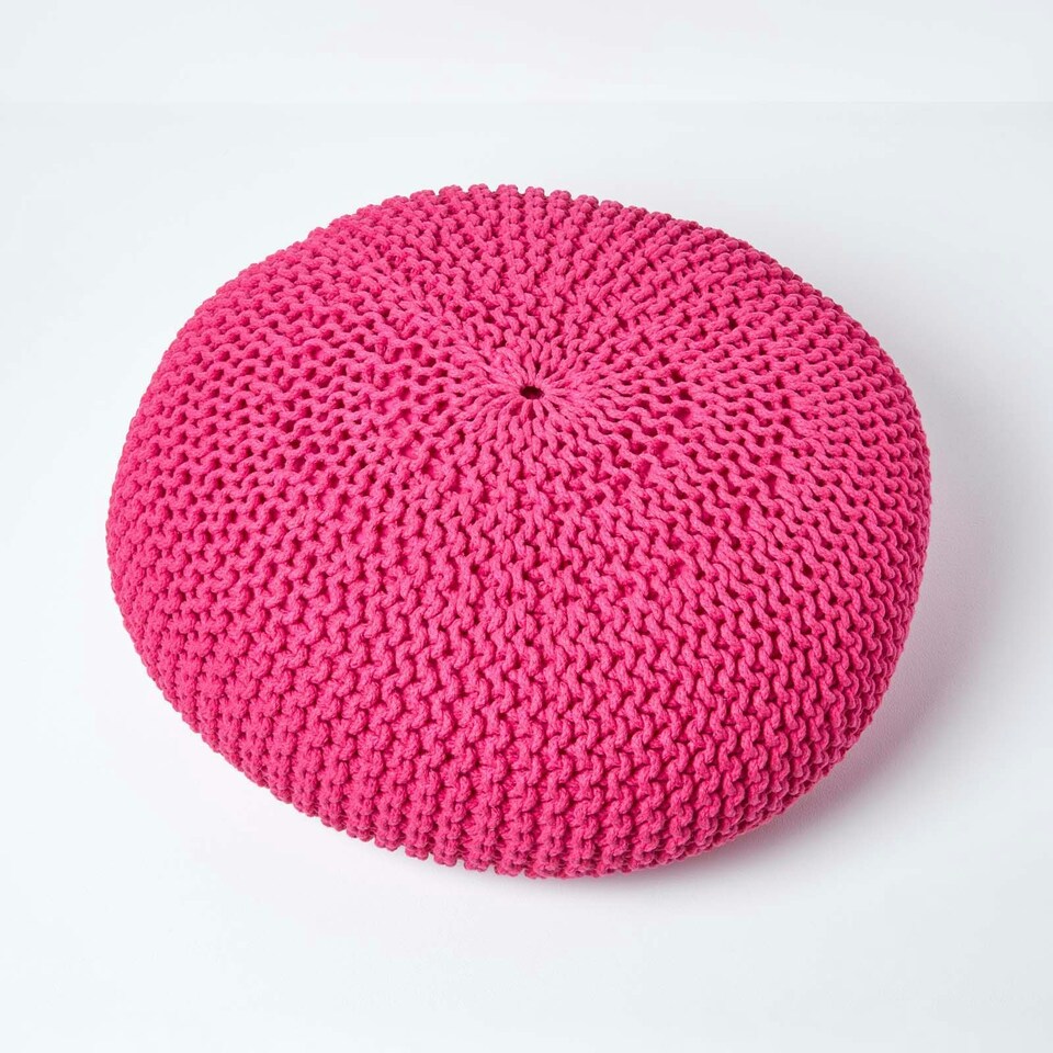 image 1 of Homescapes Hot Pink Large Round Cotton Knitted Pouffe Footstool