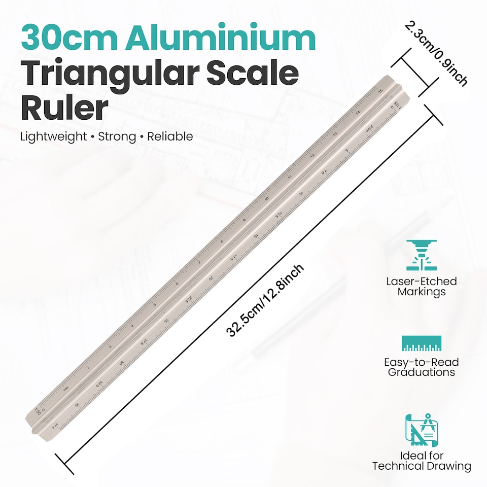 image 1 of 30cm Aluminium Triangular Ruler with 6 Precision Scales - 1pc