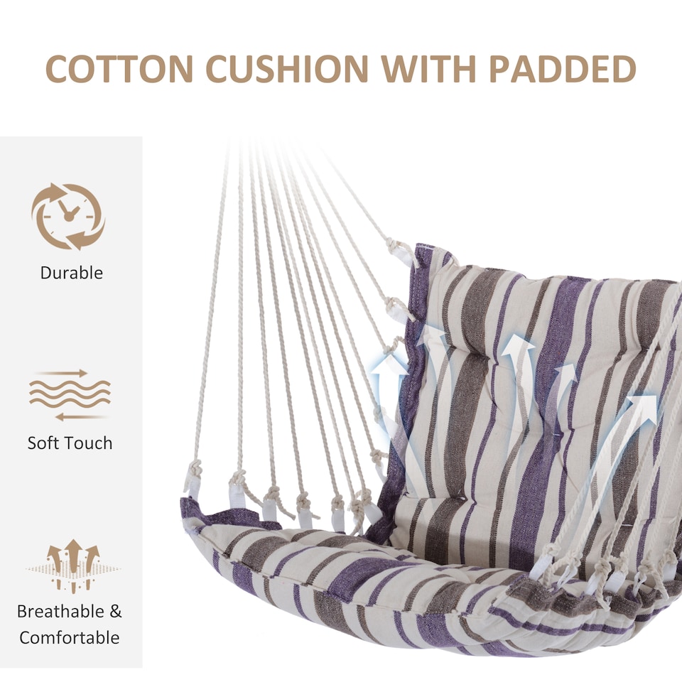 image 1 of Outsunny Outdoor Hanging Rope Chair with Soft Padded Seat & Backrest, Garden Hammock Chair with Wooden Support Bar Cotton Cloth, Portable Garden Chair for Patio & Tree, Brown | Brown | Brown Stripe