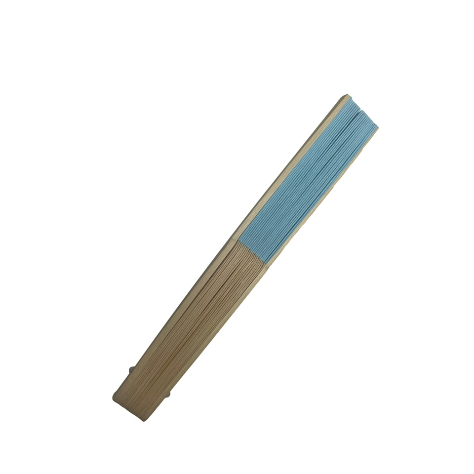 image 1 of Light Blue Paper Foldable Hand Held Bamboo Wooden Fan by Parev