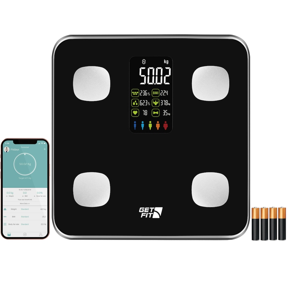 image 1 of Get Fit Smart Body Fat Bathroom Scales - Monitor Weight Loss Digital Weighing Scale, 15 Body Composition Monitor, Free App, Large Colored VA LED Screen - Black