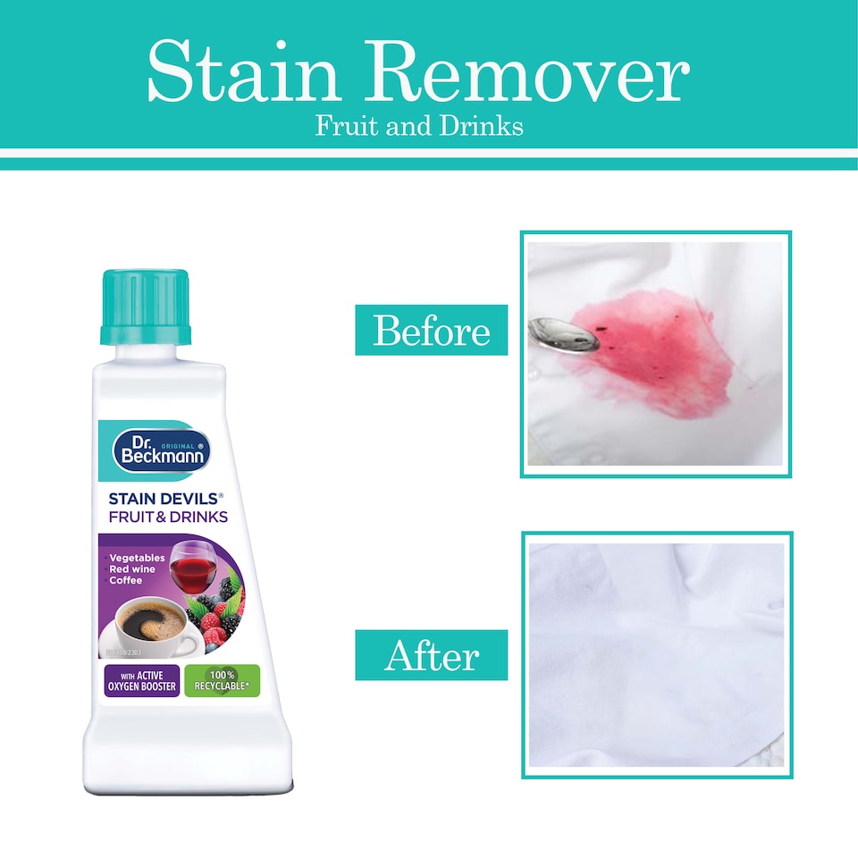 image 1 of Dr Beckmann Stain Devils Fruit and Drink Stain Remover 50ml for Coffee Tea Wine Juice Fabric Spot Cleaning Solution