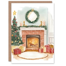 Brick Fireplace Presents Tree Wreath Blank For Him Or Her Art Xmas Festive Christmas Card