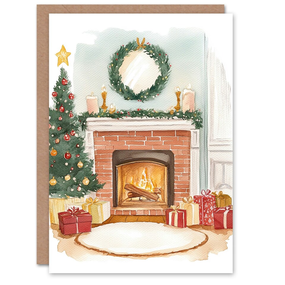 image 1 of Brick Fireplace Presents Tree Wreath Blank For Him Or Her Art Xmas Festive Christmas Card