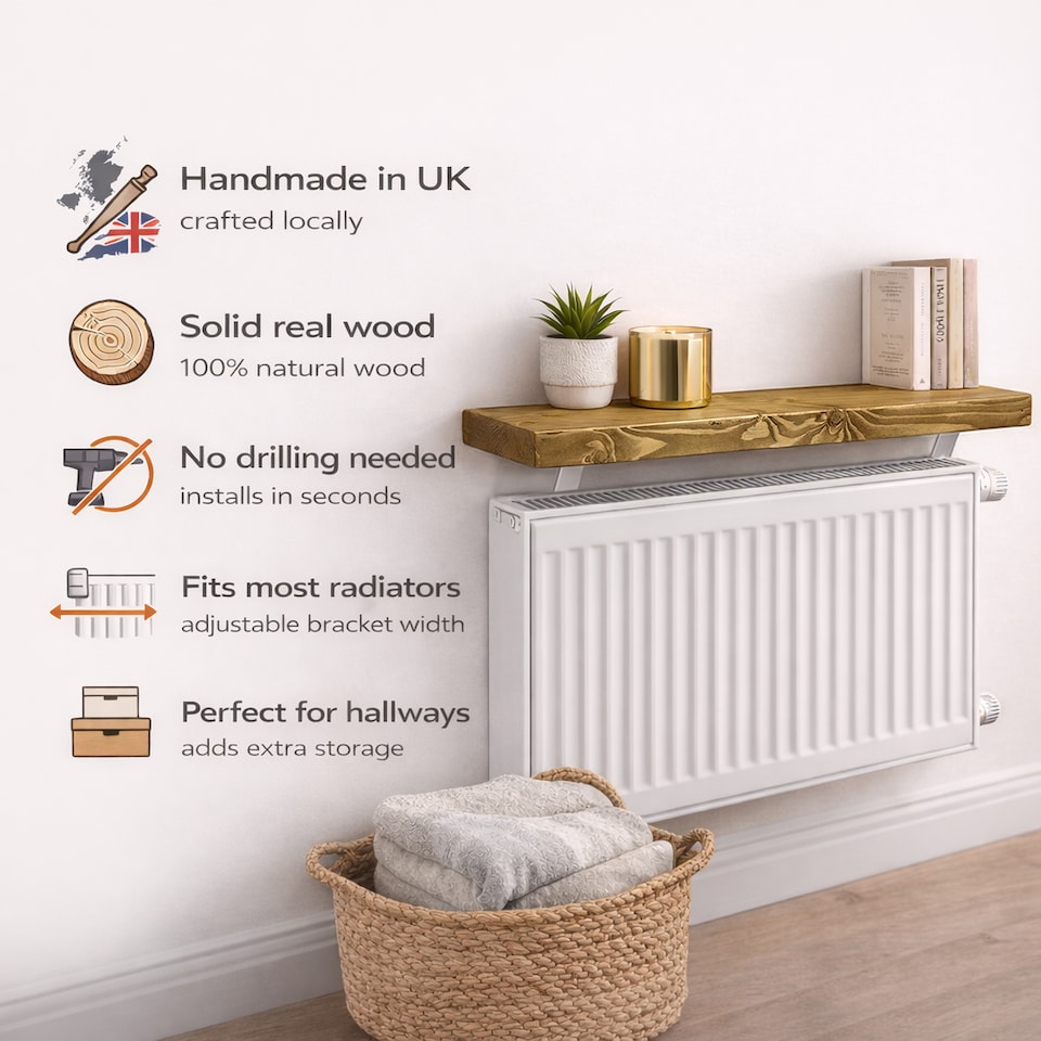 image 1 of MKGT Solid Wood Radiator Shelf with No-Drill Brackets, Handmade in UK, Dark Oak – 50cm
