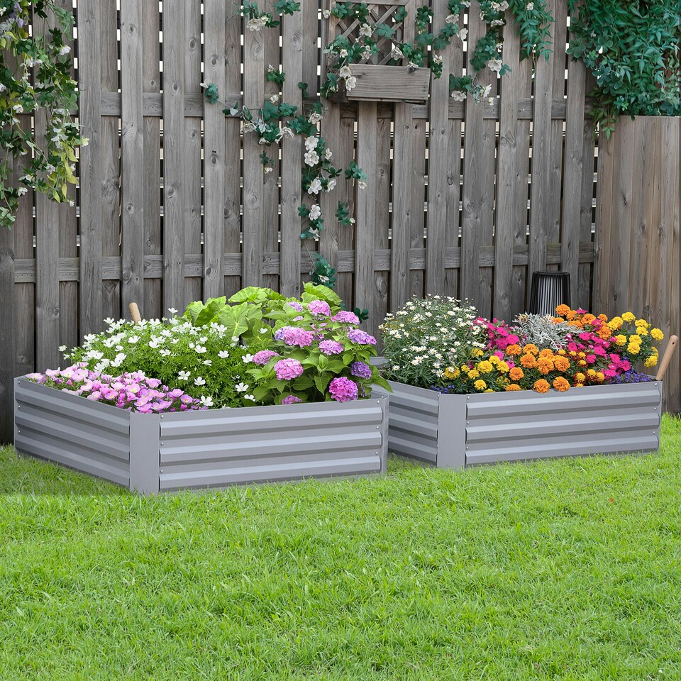 image 1 of Outsunny Set of 2 Raised Garden Bed Galvanised Planter Box Grey