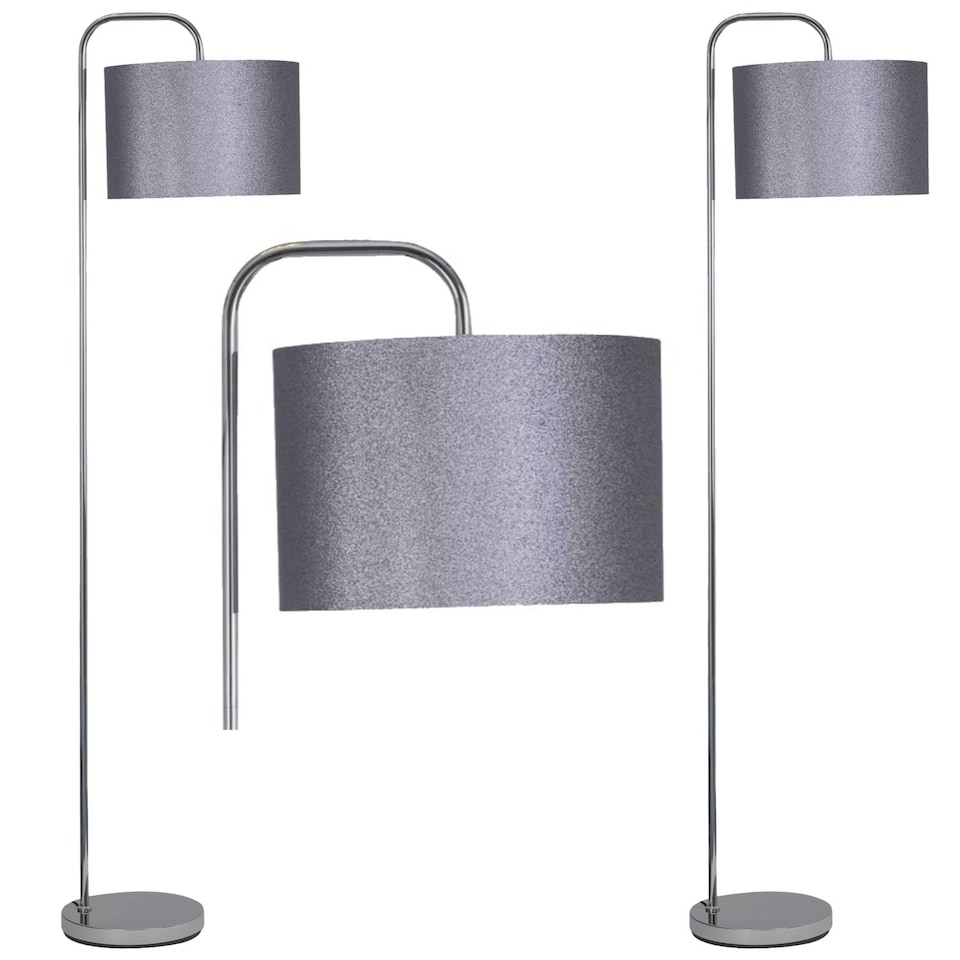 image 1 of First Choice Lighting Set of 2 Chrome Arched Floor Lamps with Grey Glitter Shades Chrome | Grey
